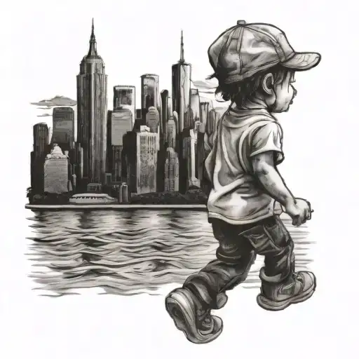 Child With Hat On Walking Up To New York City Skyline