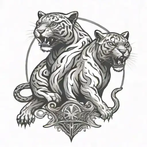 2 Panthers Symmetrically On The Upper Back And In The Middle A Sword