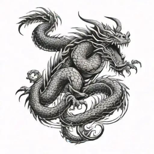 Geometric Realistic Japanese Dragon With Three Footprints