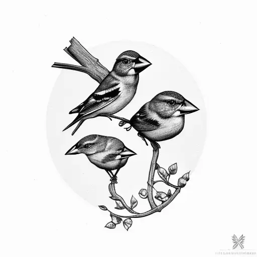 Mom Finch And Two Baby Finches Sitting In A Tree