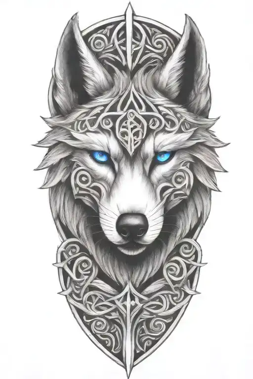 Wolf With Blue Eyes On Armor Tattoo Design Featuring Celtic Trinity Knot