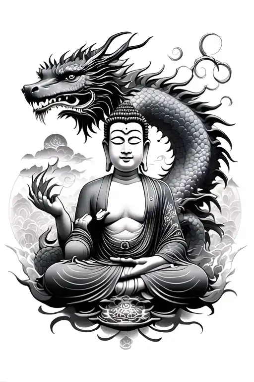 Buddha And Dragon With Japanese Themes Surrounding