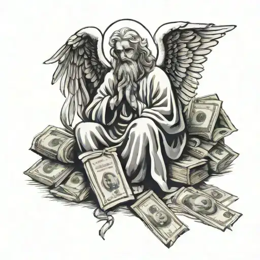 Praying Angel And Bag Of Money And 100 Dollar Bills Underneath