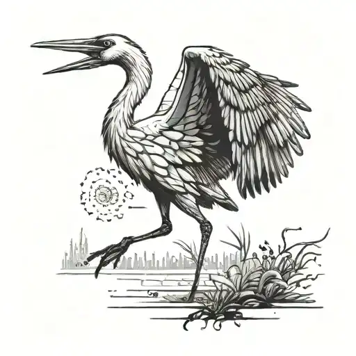 A Crane Lands Without A Background In A Realistic Black And Gray Style