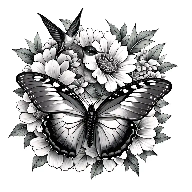 Butterfly And Hummingbird Surrounded By Flowers
