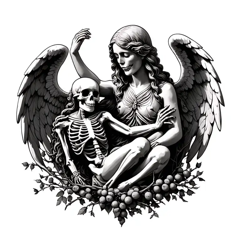 Angel Statue Above Skeleton And Mesange On Brambles