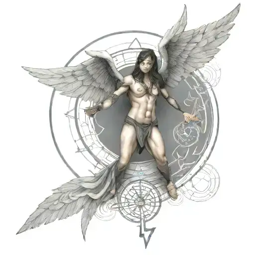 Enochian Angel With Intricate Runes And Symbols Representing Power And Strength