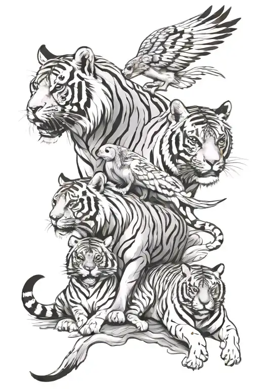Chinese Zodiac 2 Adult Phonex Birds With A Tiger And Dog As Children In A Family