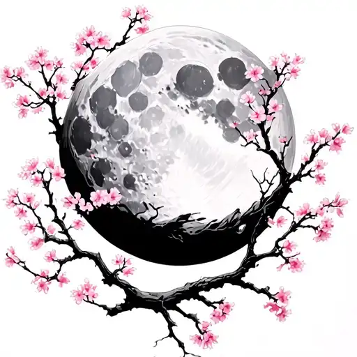 Moon Covered In Sakura Tree Branch
