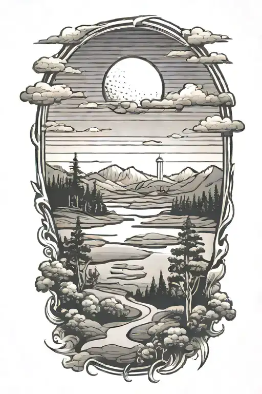Golf Landscape Tattoo Featuring Sunset Sky