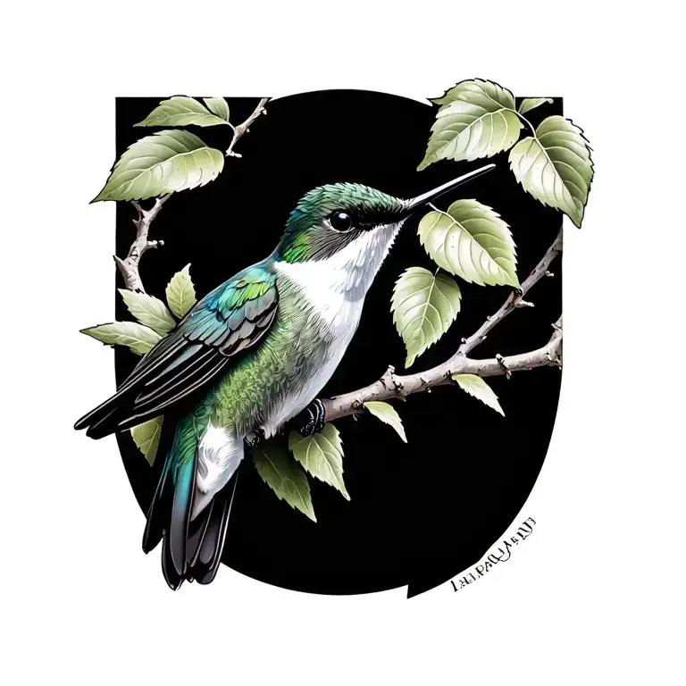 Hummingbird On Branch With 4 Leaves