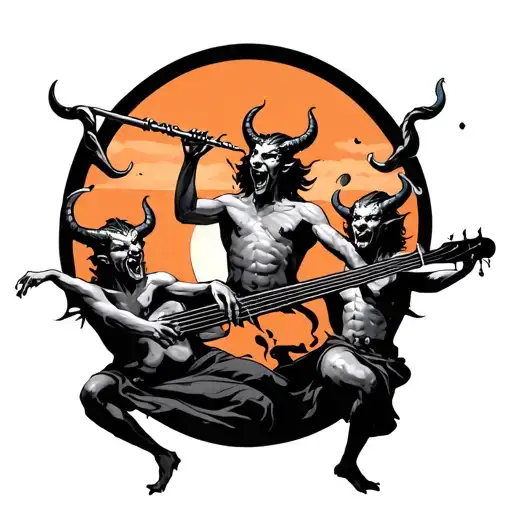 3 Devils Dancing Bajo At Sunset And Blowing A Flute