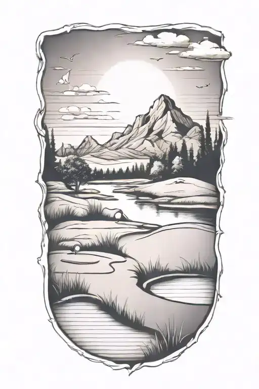 Golf Landscape Tattoo Featuring Iconic Symbols