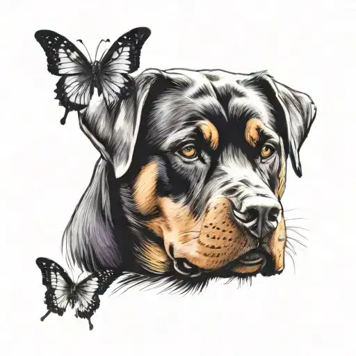 Rottweiler And Purple Butterfly Resting