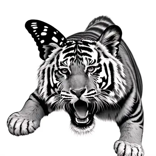 Tiger Cub Pouncing On Butterfly