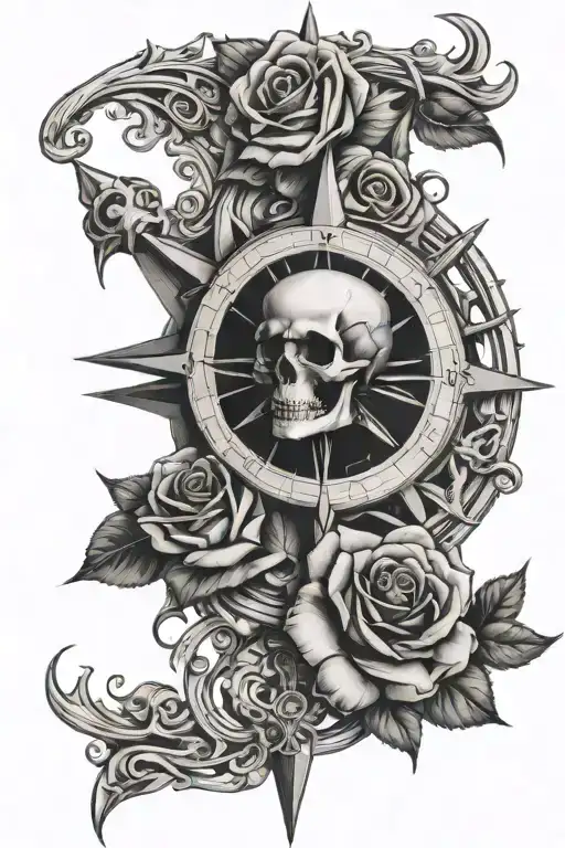 Compass Needle With Skull And Rose Intertwined