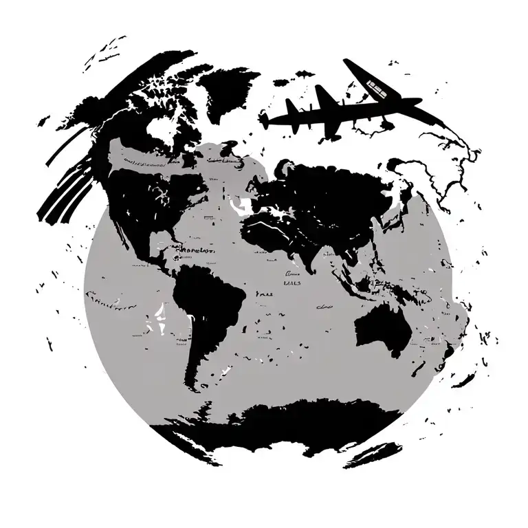 Small Vintage World Map With Airplane Flying Above North