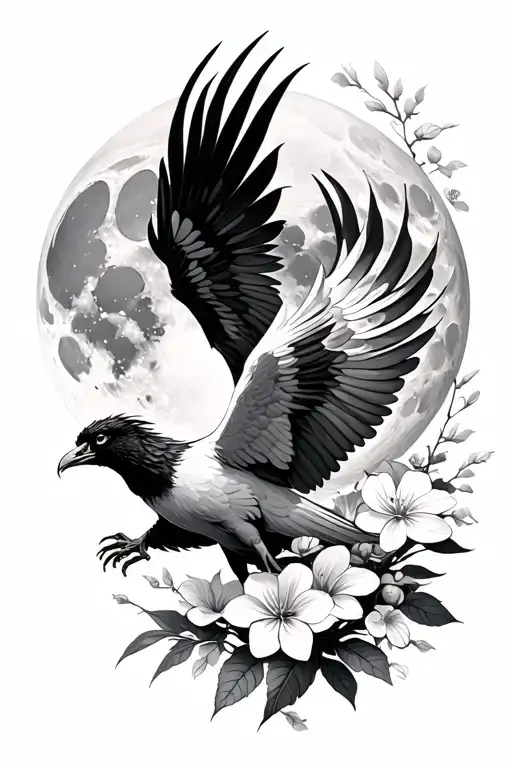 Realistic Phoenix Flying To The Moon Surounded By Jasmine Flowers