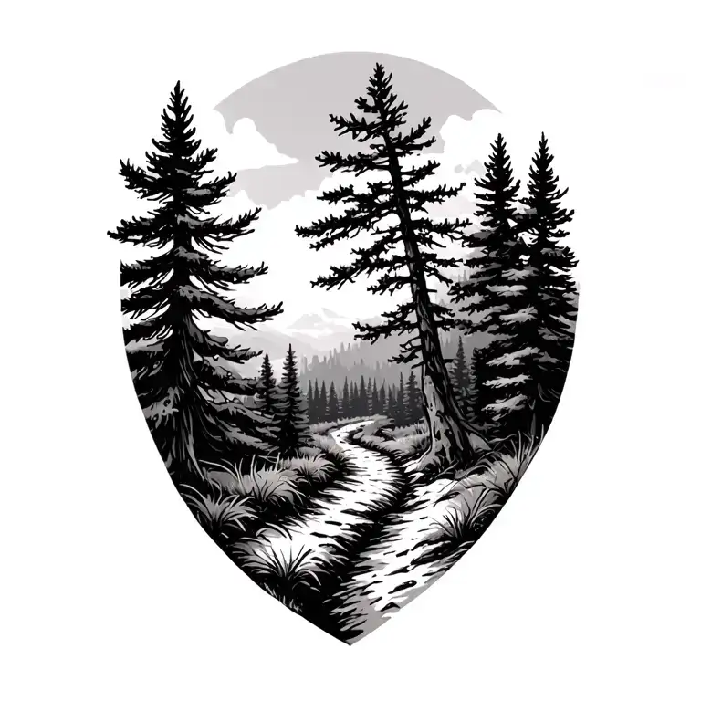 Trail Through A Pine Forest Landscape View From The Ground