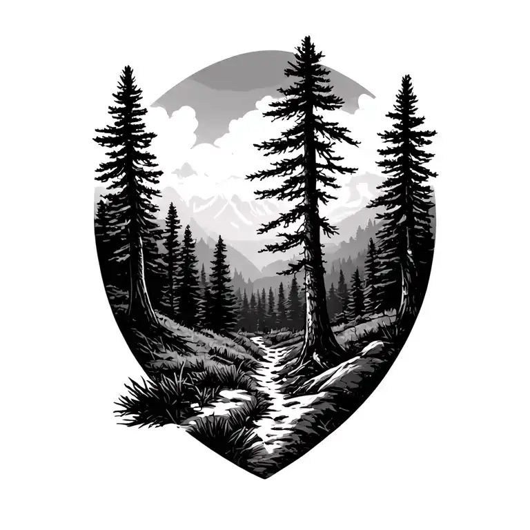 Trail Through A Pine Forest Landscape View From The Ground