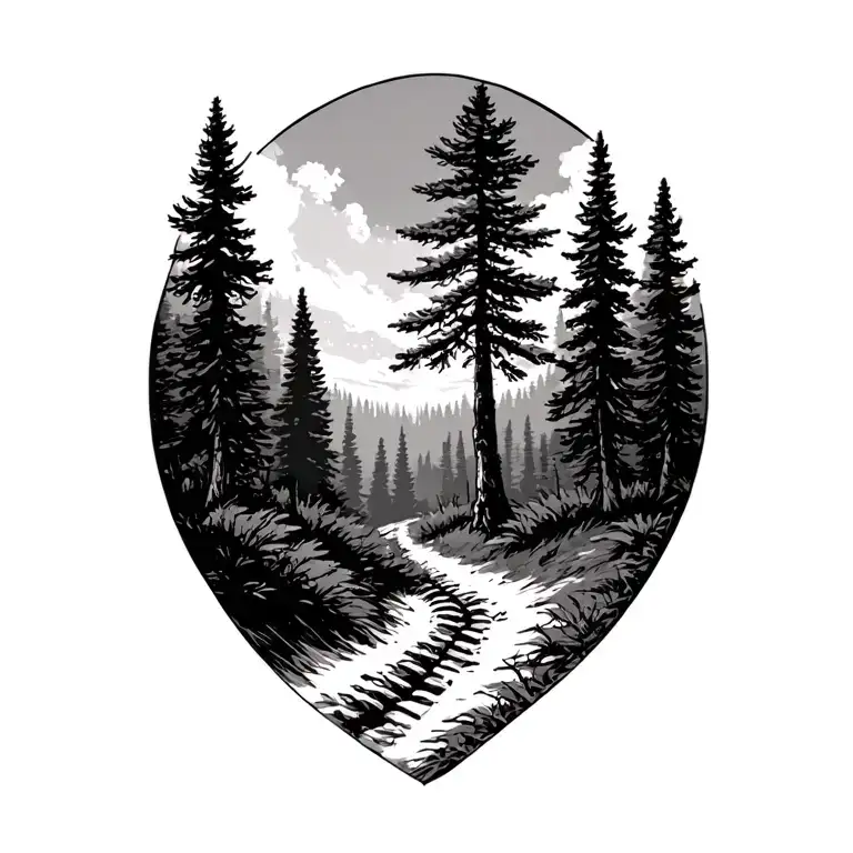 Trail Through A Pine Forest Landscape View From The Ground