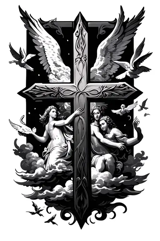 Cross With Clouds And Angels Flying