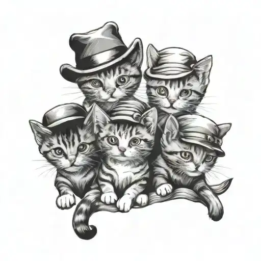 9 Little Cute Kittens In Funny Hats With Line Art Without Shadows