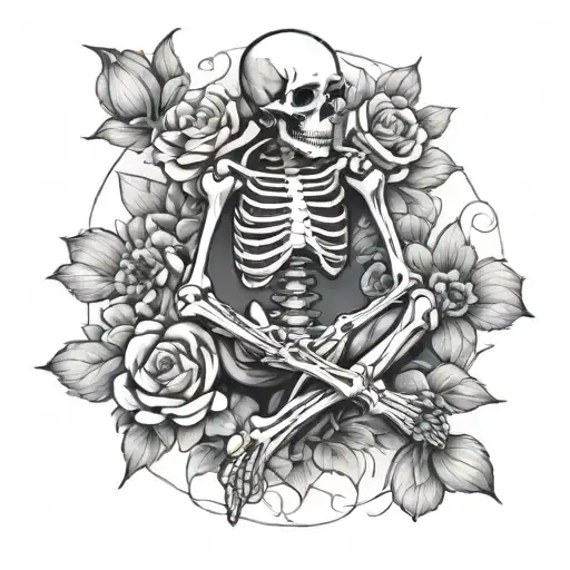 Skeleton Sit Cross-legged Meditation Pose Surrounded By Blooming Flowers