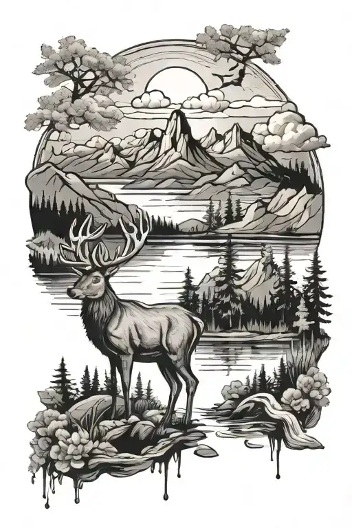 Nature Landscape With Deer And Fish And Mountains