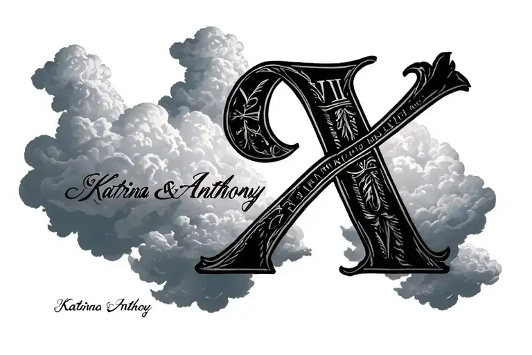 Roman Numeral With Clouds Surrounding And The Names Katrina And Anthony Floating In The Clouds
