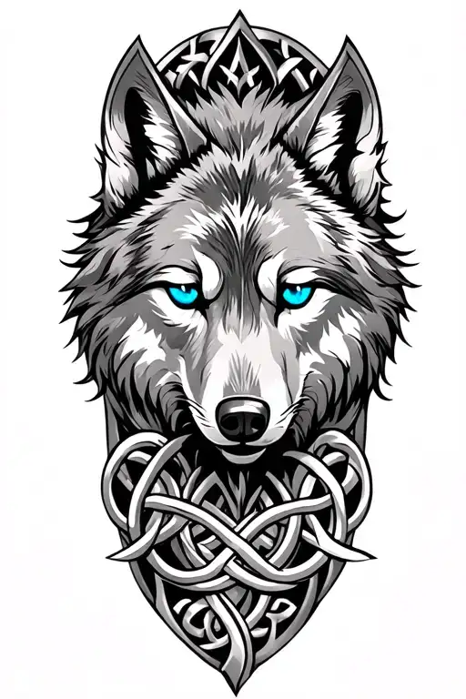 Wolf With Blue Eyes On Armor Tattoo Design Featuring Celtic Trinity Knot