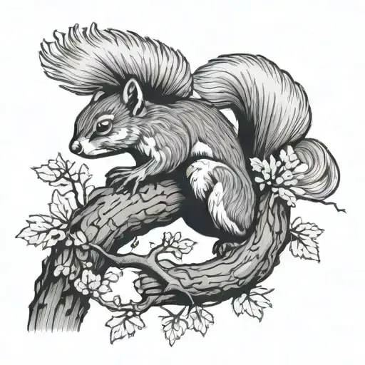 Squirel Climbing An Oak Tree Branch