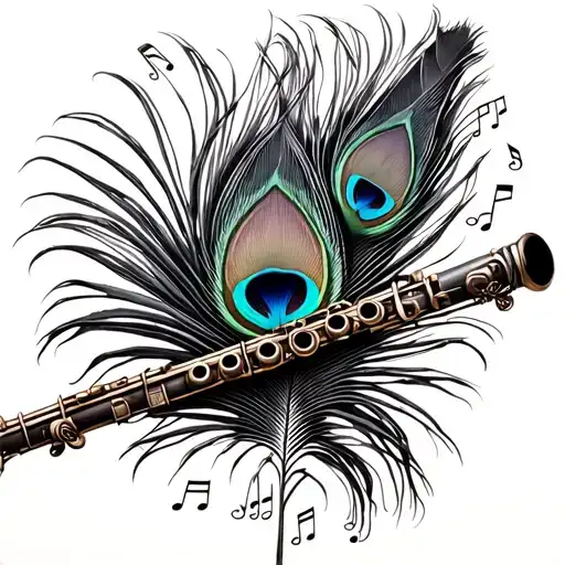 Flute And Peacock Feather Wrapped With Musical Notations