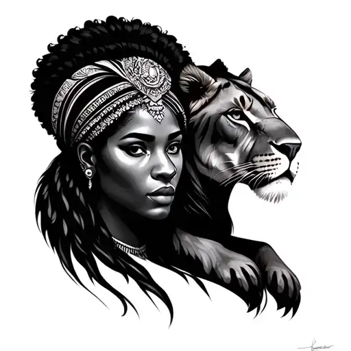 African Queen And Lioness Face Surrounded