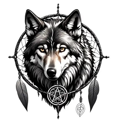 Wolf And Dreamcatcher With Pentagram Surrounded