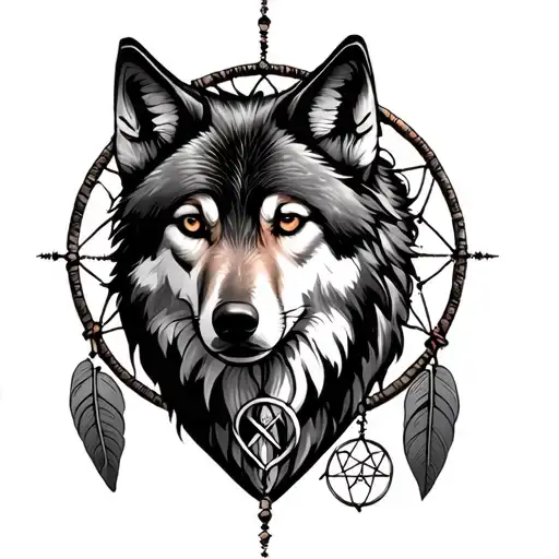 Wolf And Dreamcatcher With Pentagram Surrounded
