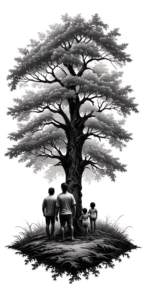 Oak Forest And Family Tree And Father With 3 Kids
