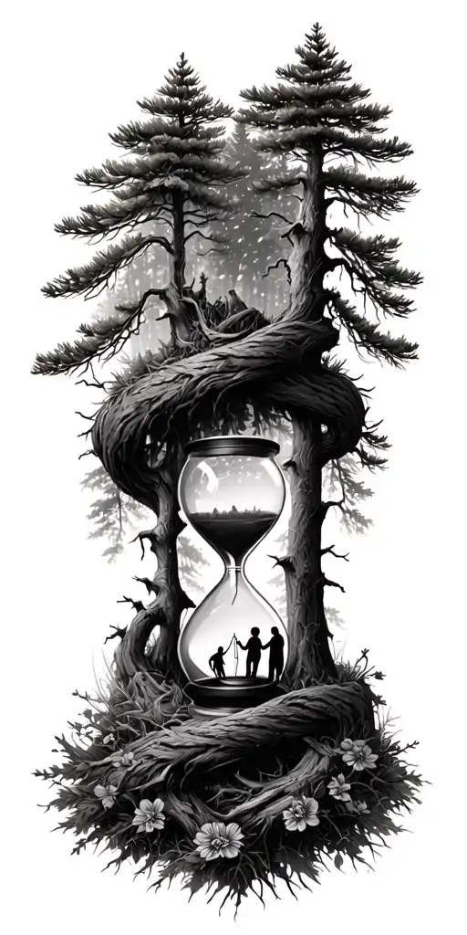 Pine Forest Wrap Around And Family Tree And Hour Glass Father With 3 Kids