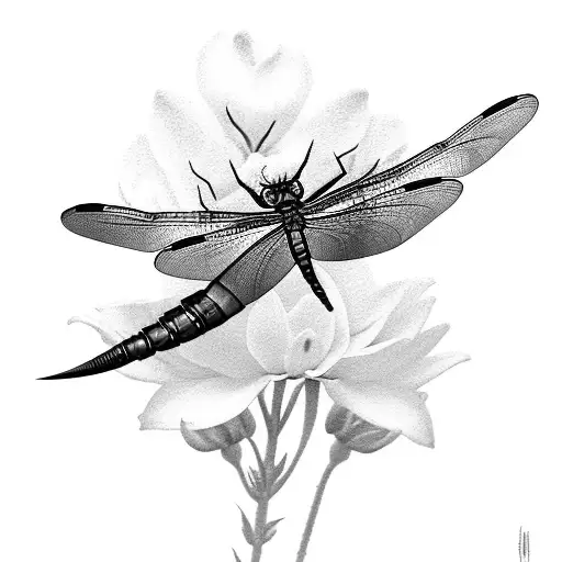 A Black-grey Tattoo Of A Dragonfly Perched On A Paintbrush With Flowers Blooming From The Bristles