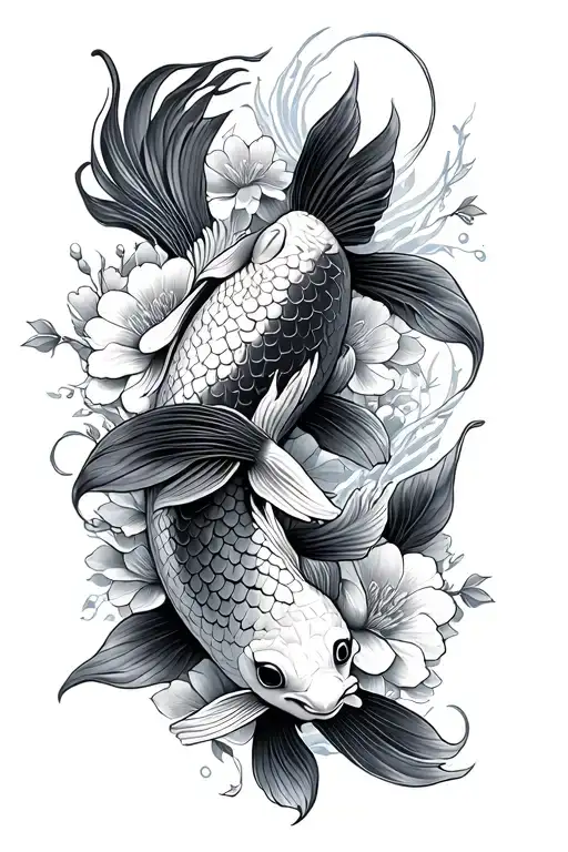 Japanese Inspiration With Koi Carp And Fine Floral Ornaments