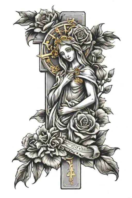 Mary Gold Flowers Wrapped Around A Cross