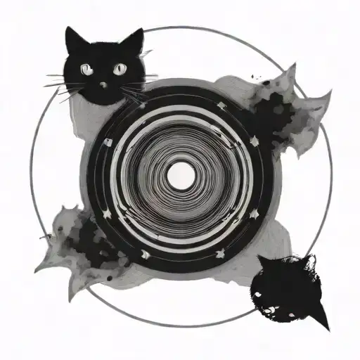 Grey Scale Planet With 3 Concentric Rings And A Little Ufo With A Cat Flying Nearby