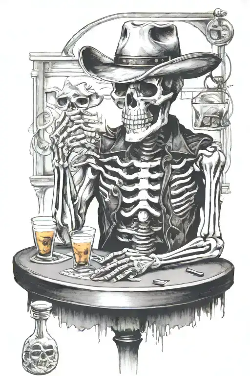 Skeleton Cowboy At Poker Table With Longhorn Skull On Wall In A Bar Setting