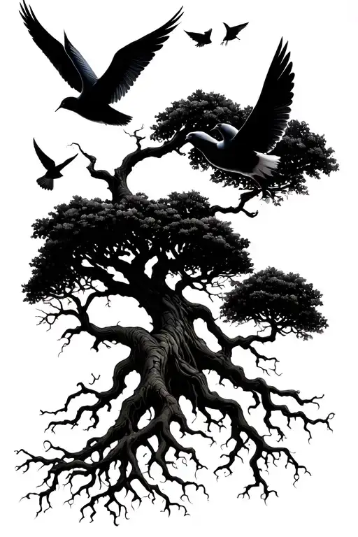 Leafless Tree With Long Roots With Doves Flying