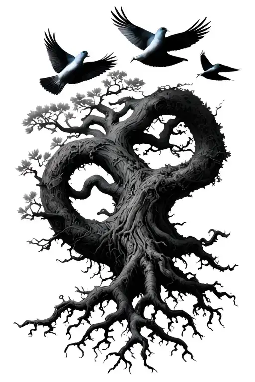 Poison Tree With Long Roots With Doves Flying