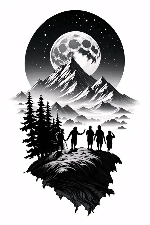 Mountain Landscape And Father And Three Children And Giant Moon