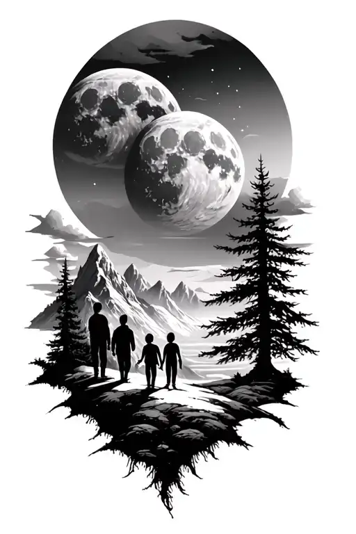 Mountain Landscape And Father And Three Children And Giant Moon