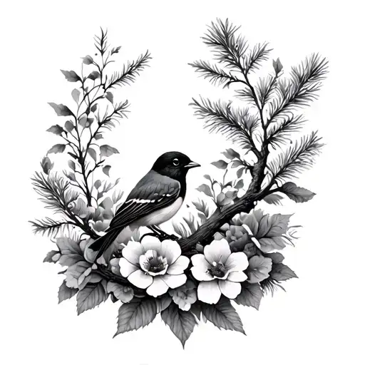 Floral Black And White Sleeve With A Bird And A Pine Tree