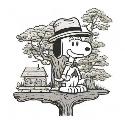 Snoopy With A Frank Sinatra Hat By A Tree