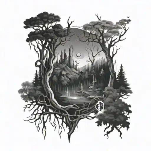 A Haunting Scene Of A Dark Forest With Aegishjalmur Symbols Hidden Among The Trees